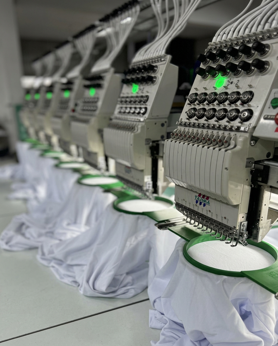 Linha de máquinas de bordado Tajima na produção ODT